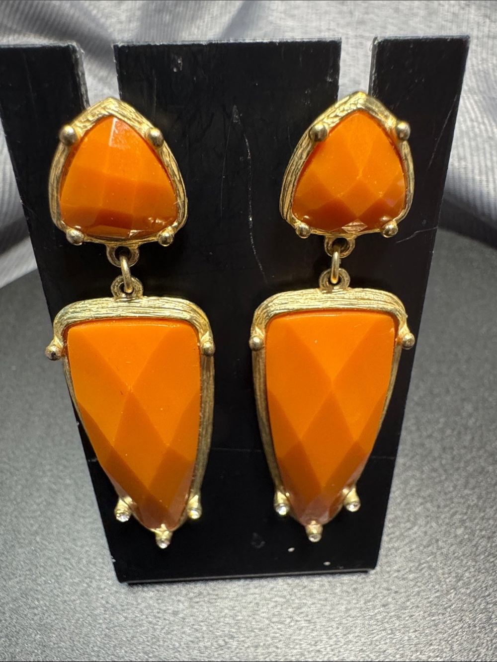 Source Unknown Orange Faceted Two-Tier Drop Earrings with Gold-Tone Frame